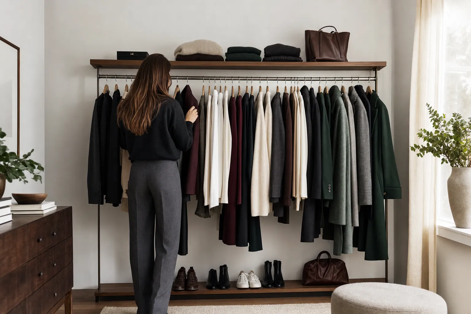 A woman choosing from a coordinated wardrobe rail
