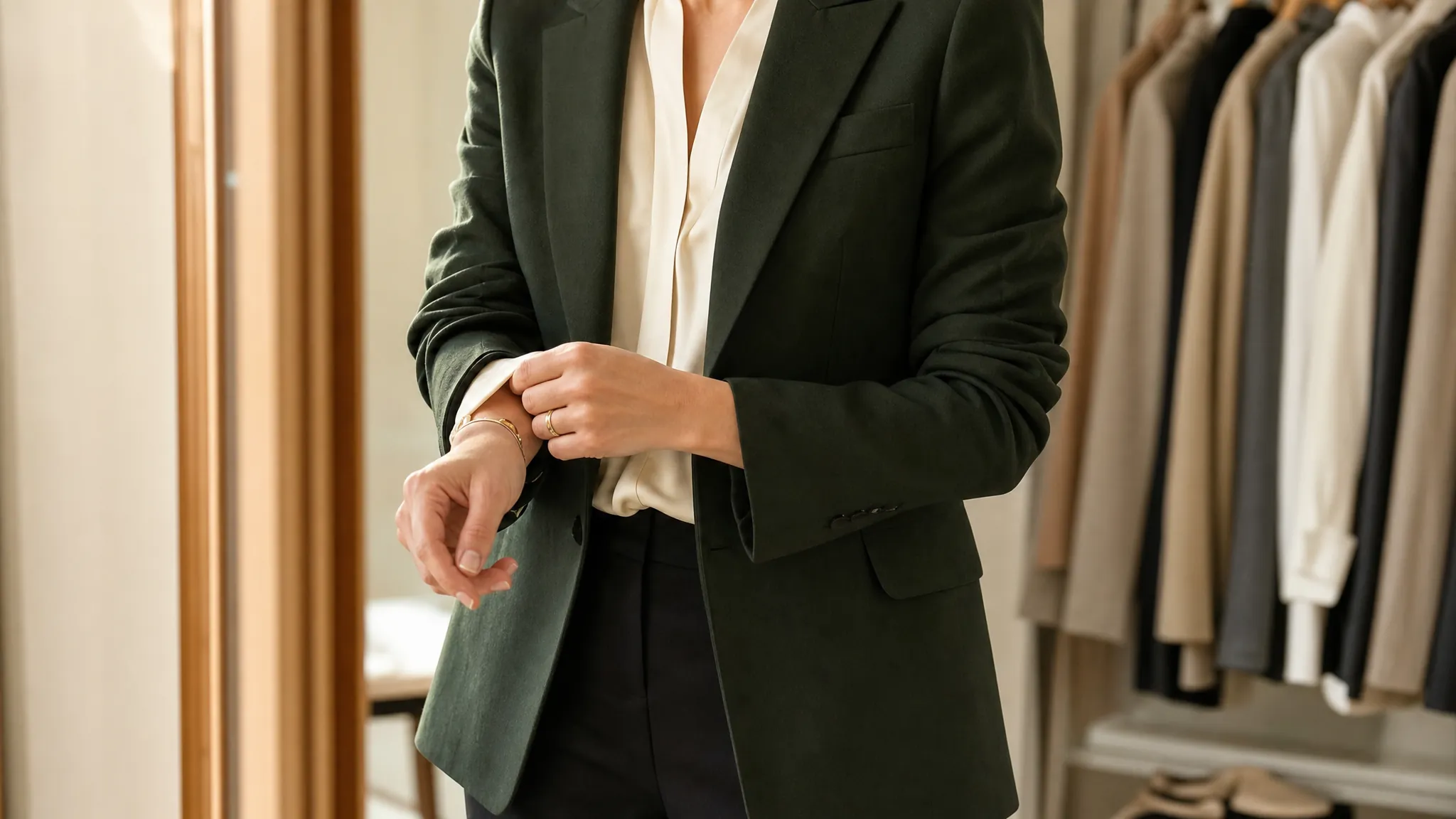 A woman adjusting the cuff of a forest green blazer over an ivory blouse