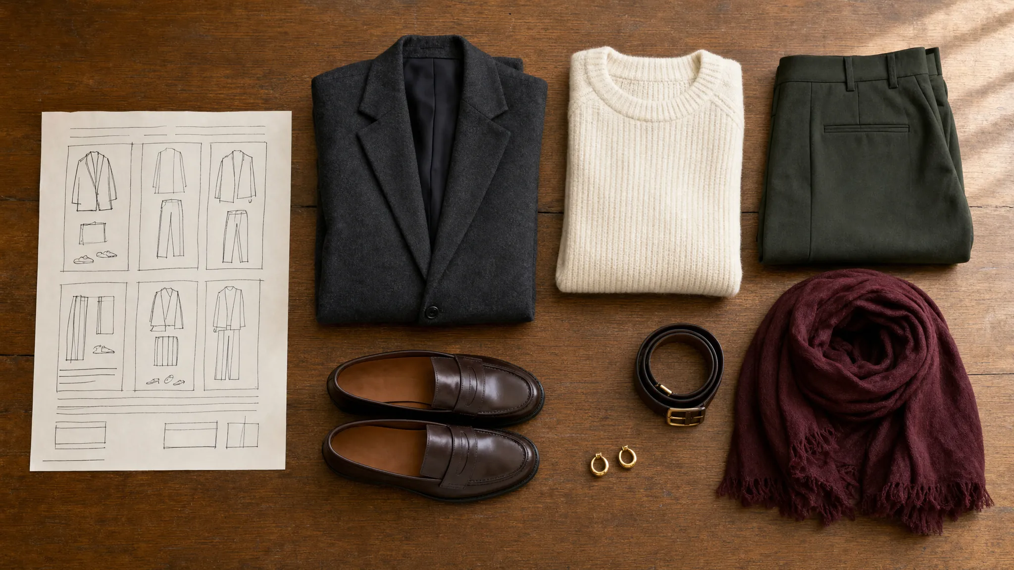 A wardrobe plan with tailored clothing, loafers, a belt, and accessories arranged on a wood table
