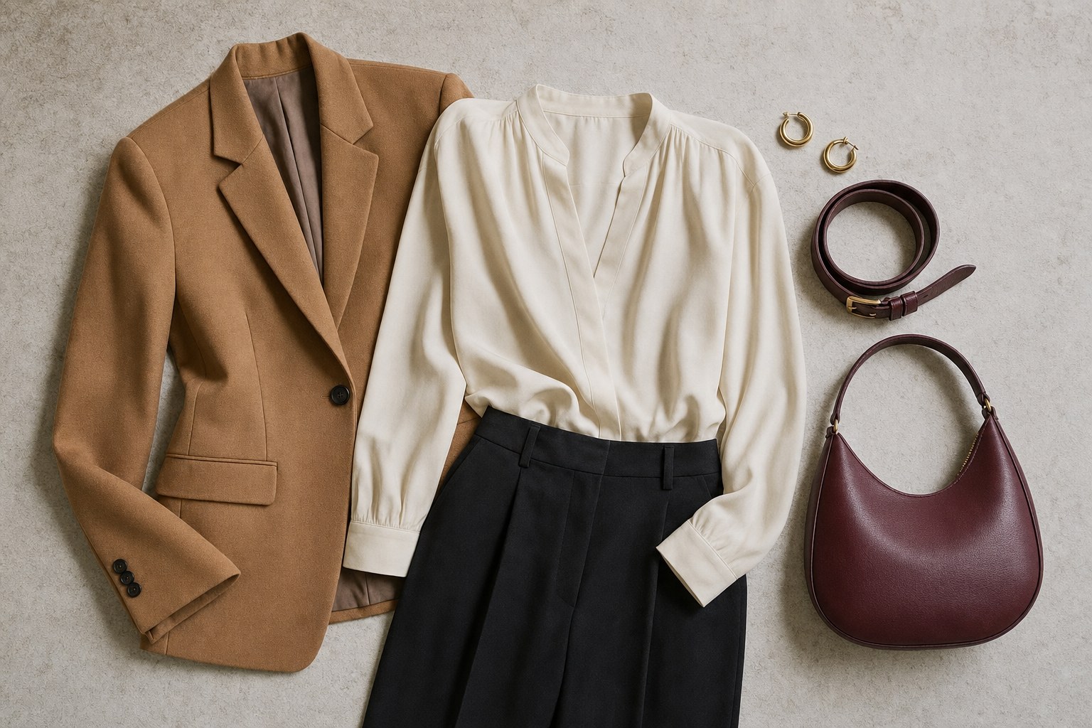 Camel blazer, ivory blouse, black trousers, and burgundy accessories arranged as a coordinated outfit
