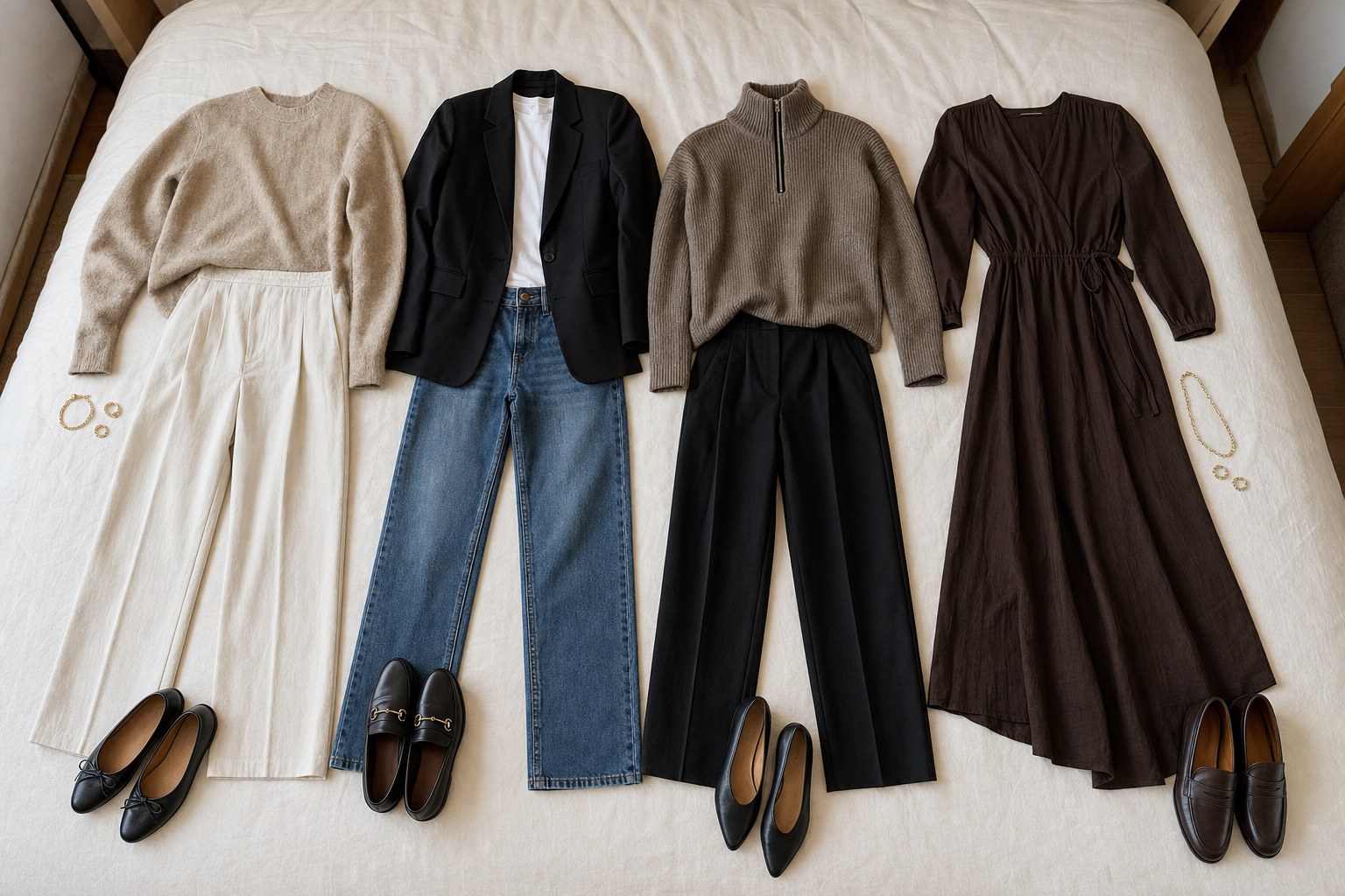 Four complete outfit combinations arranged on a bed for wardrobe planning