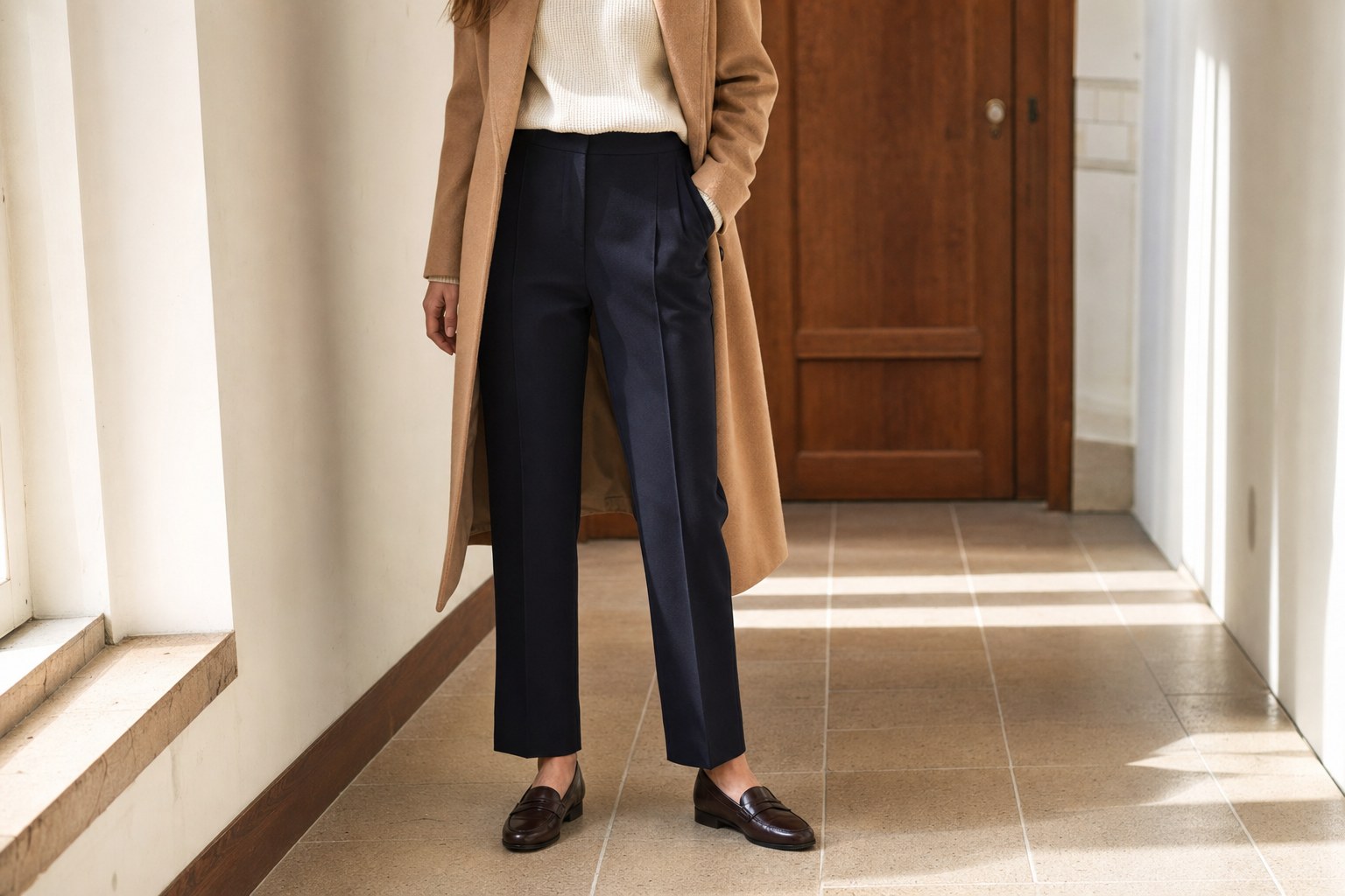 A polished outfit with camel outerwear, cream knitwear, navy trousers, and brown loafers