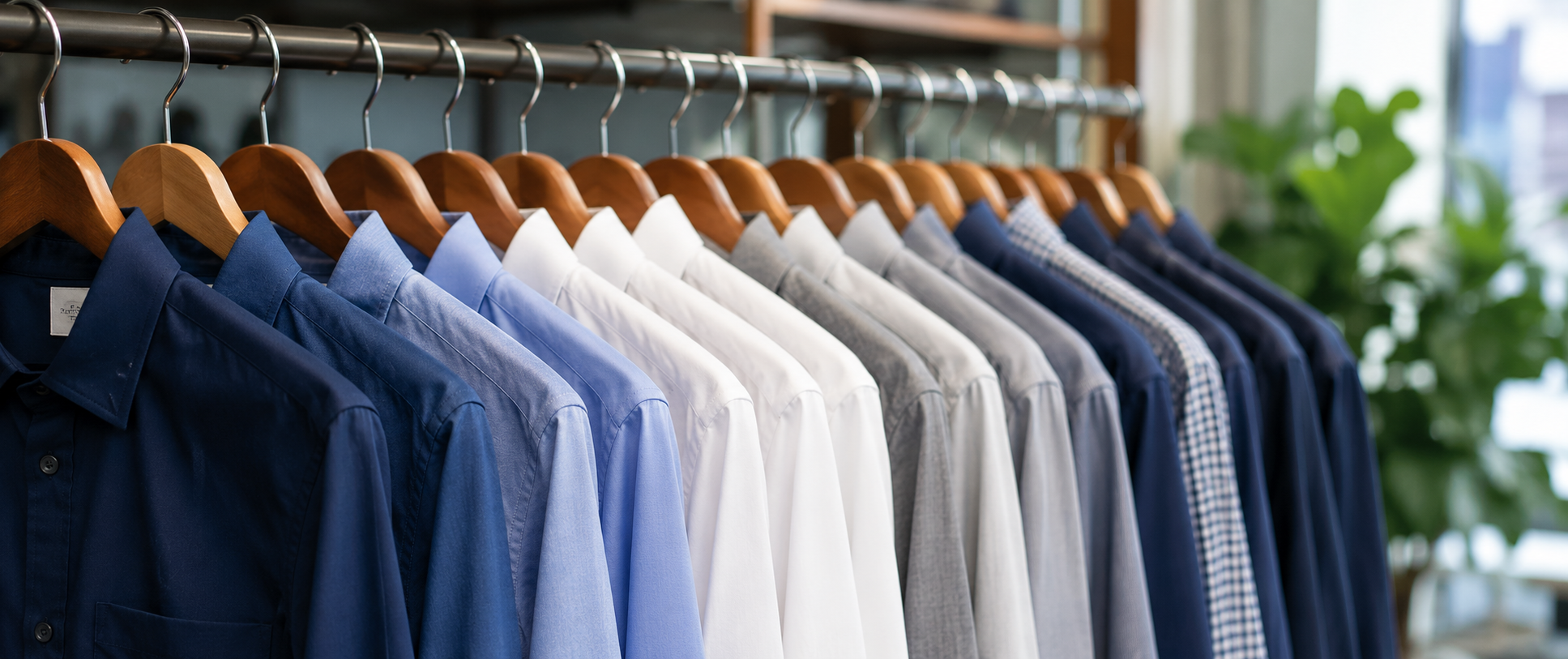 Professional shirts in blue, navy, and white arranged on a clothing rail