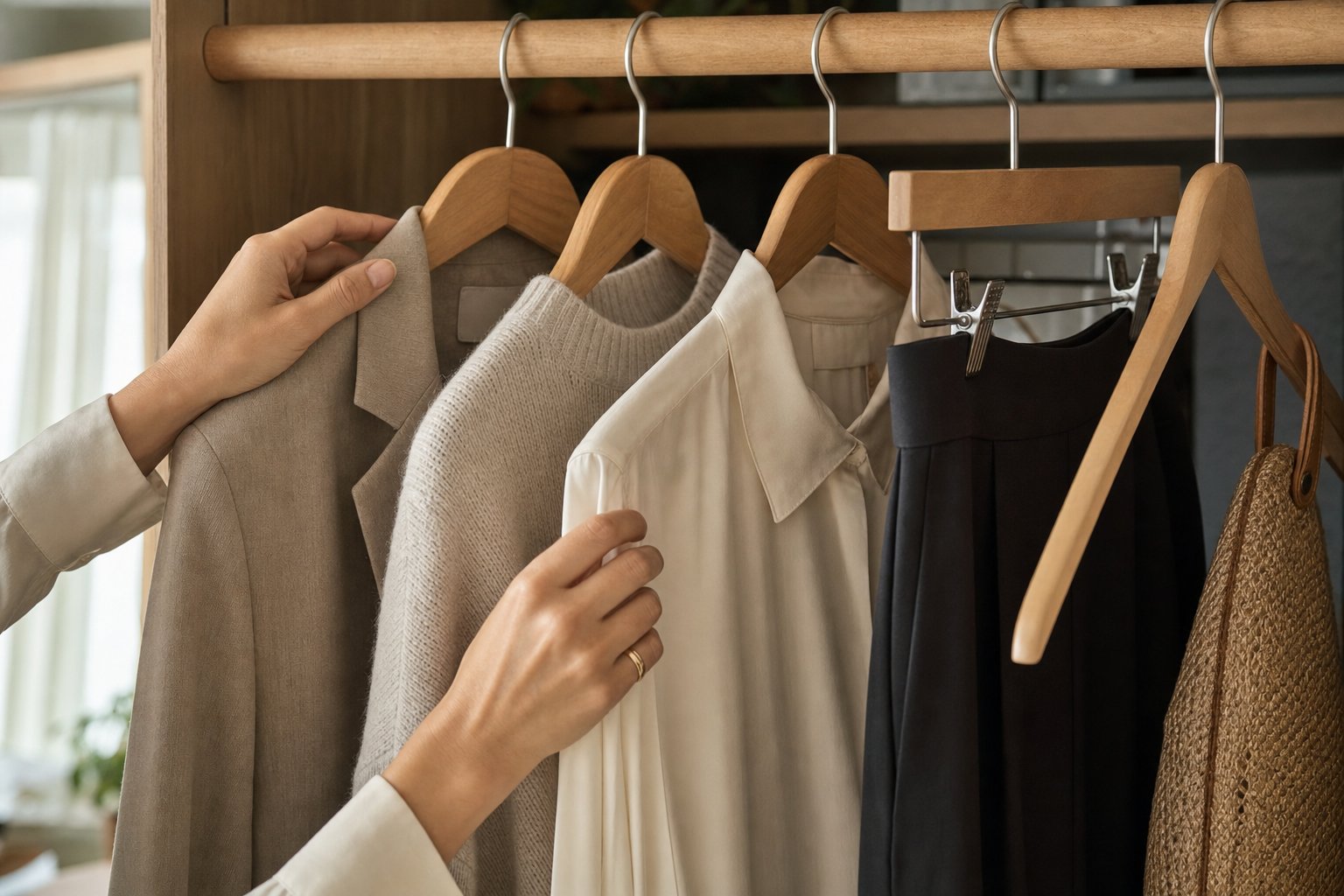 Hands assessing a coordinated group of tailored wardrobe pieces on a rail
