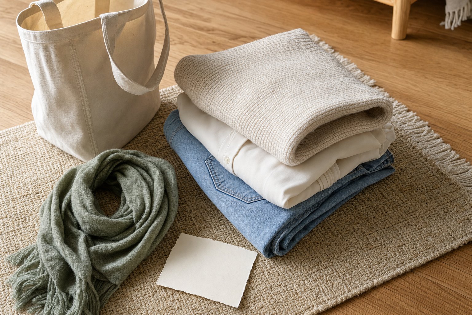 A small stack of well-kept clothes beside a reusable tote, ready to pass on
