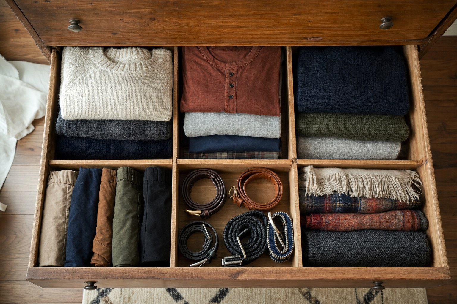 A wooden dresser drawer organized with folded sweaters, trousers, belts, and scarves