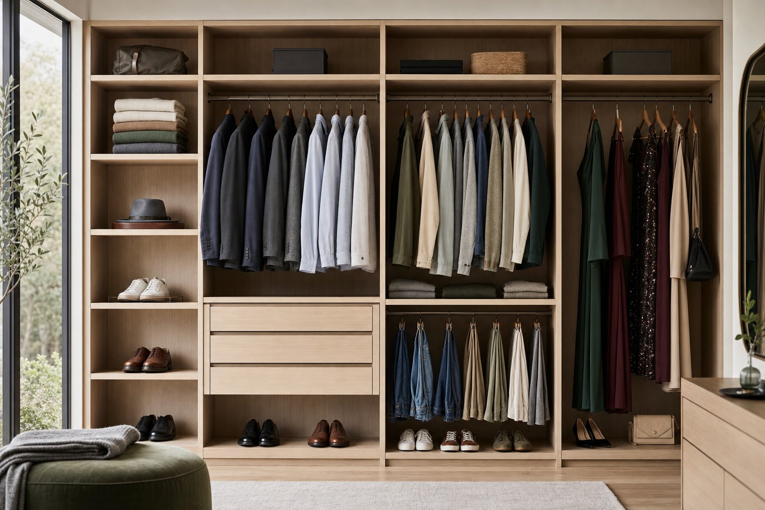 An organized wardrobe with separate areas for jackets, shirts, everyday pieces, and occasion clothes