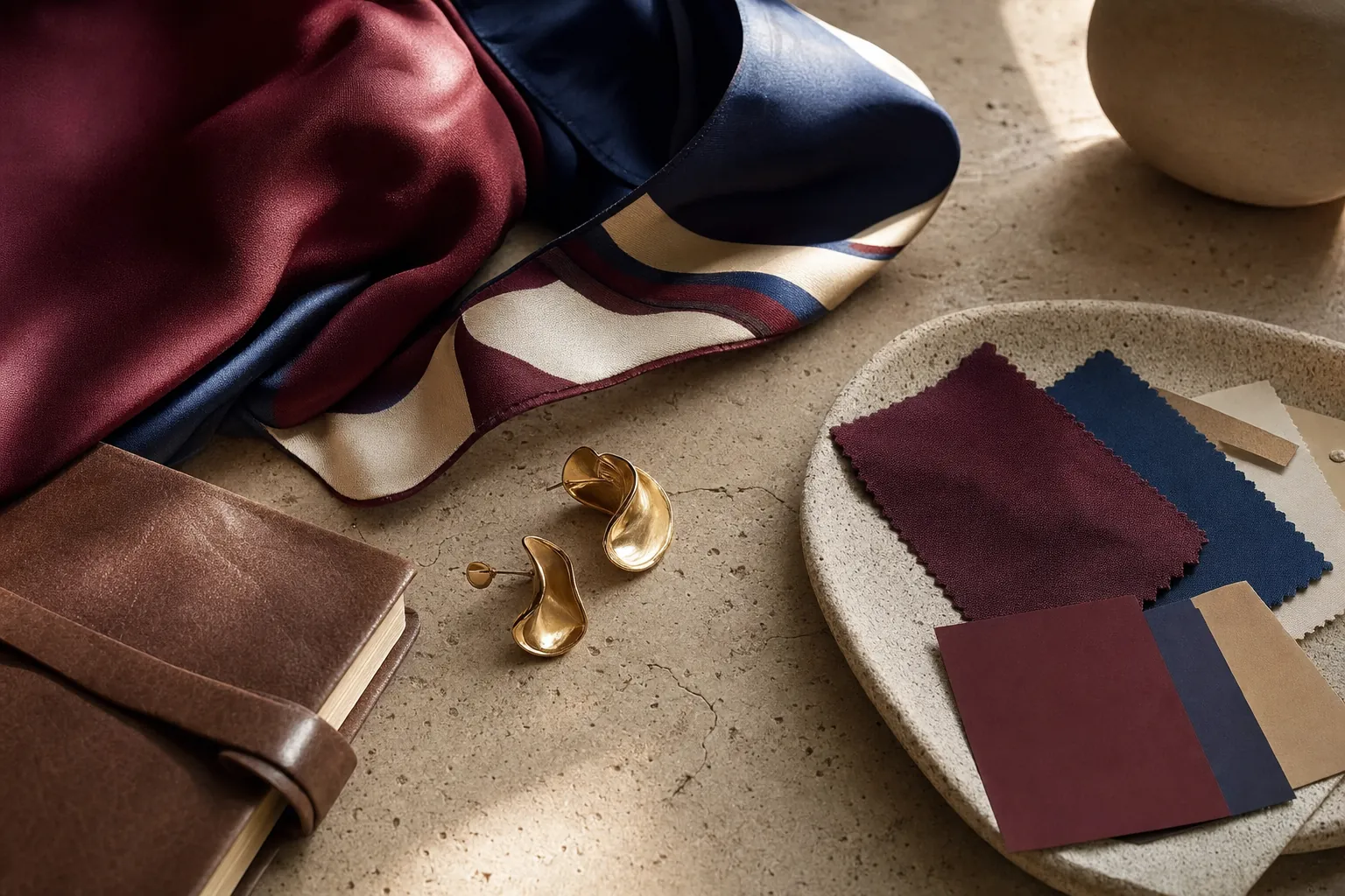 A silk scarf, jewellery, and colour palette arranged for outfit planning