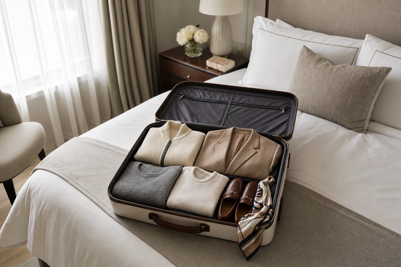 A carry-on packed with a coordinated travel wardrobe