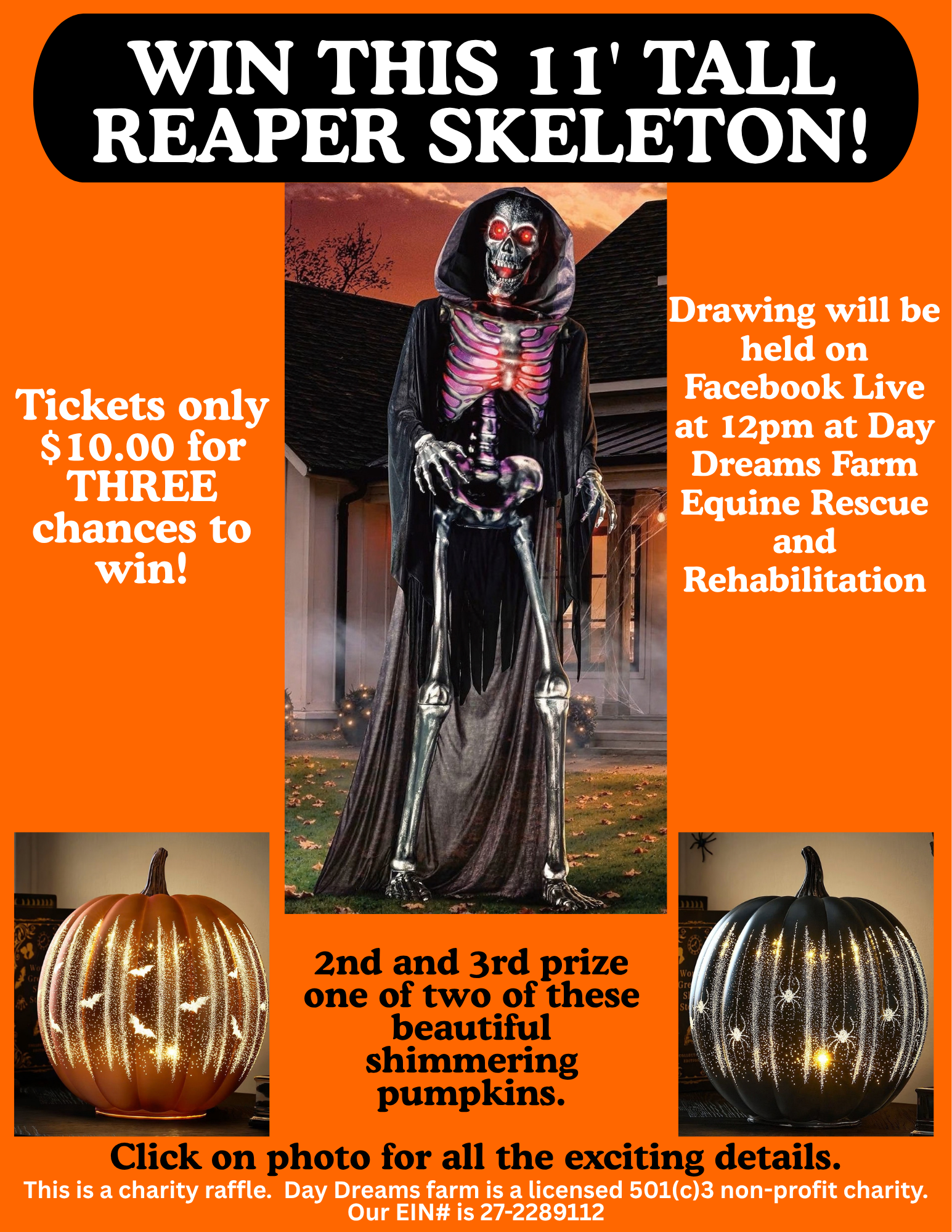 Win this 11-foot tall reaper skeleton charity raffle flyer, with three chances for ten dollars and shimmering pumpkin prizes