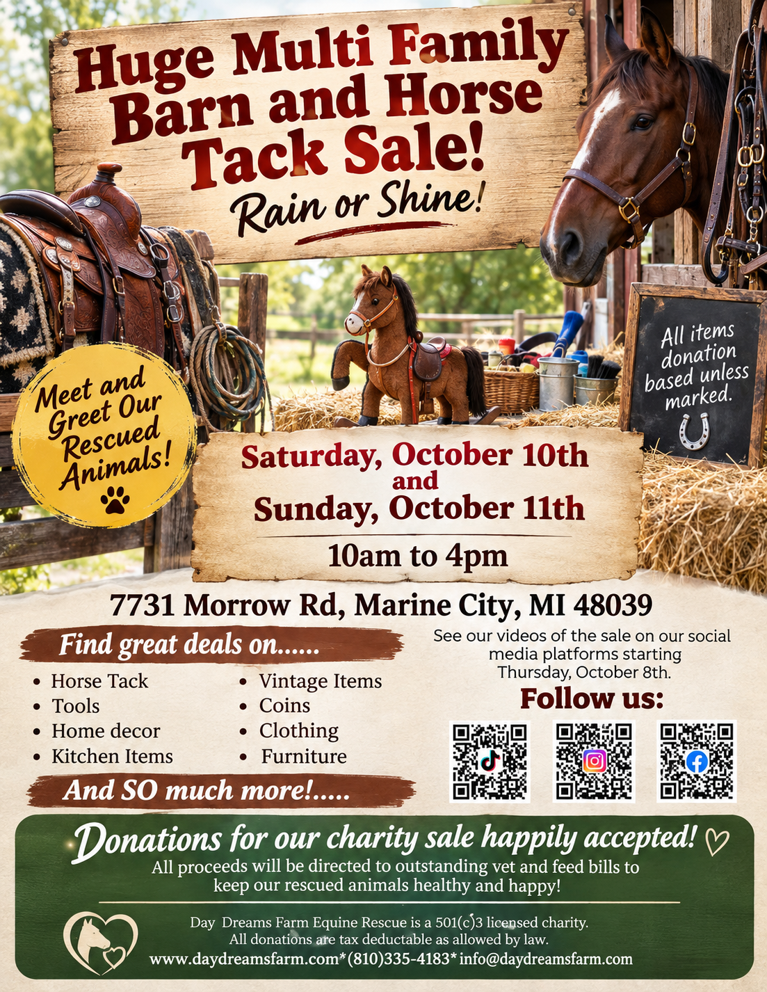 Huge multi-family barn and horse tack sale flyer for October 10 and 11, 10 a.m. to 4 p.m., at 7731 Morrow Road in Marine City