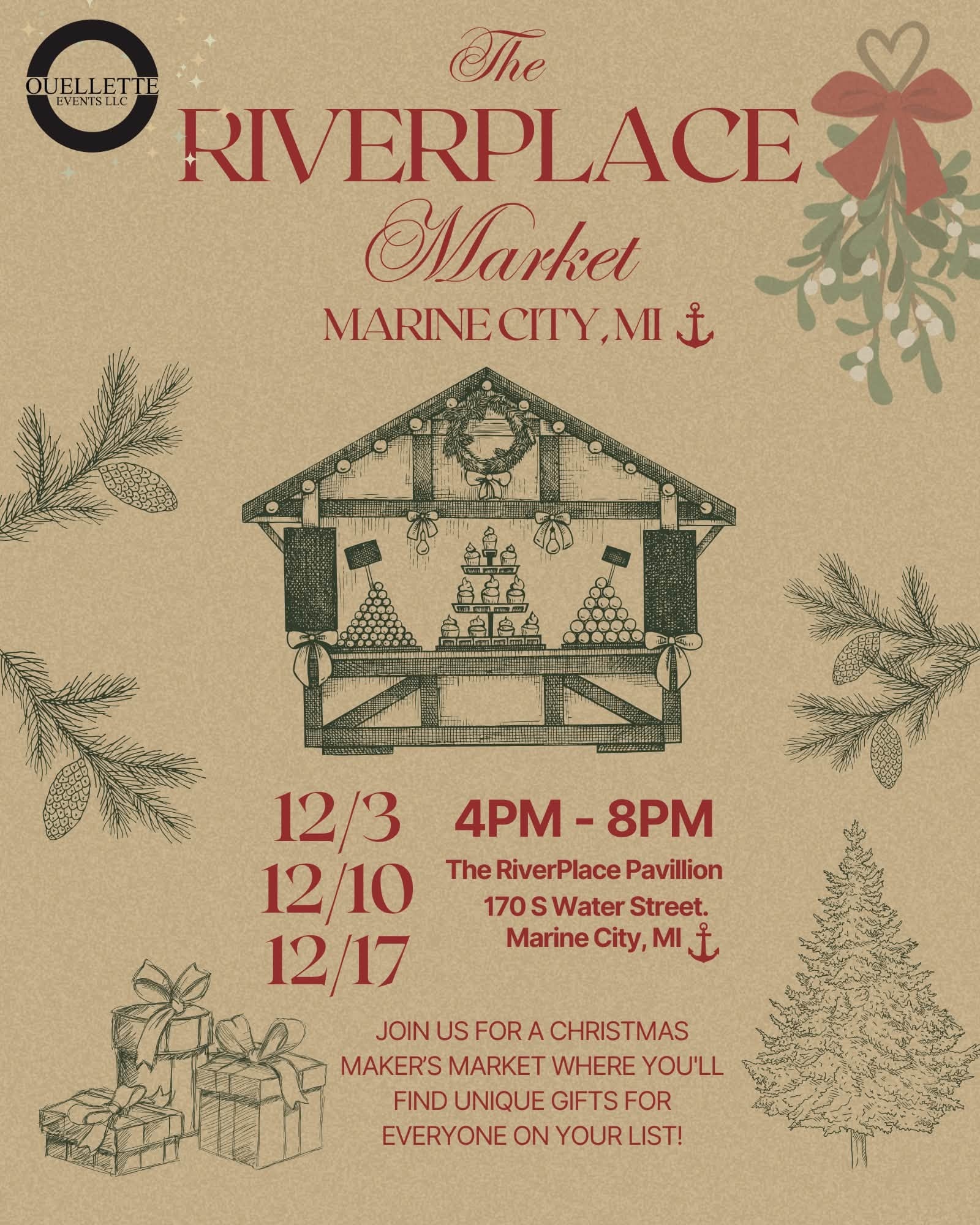 The RiverPlace Market, December 3, 10 and 17, 4pm to 8pm at The RiverPlace Pavilion, 170 S Water Street, Marine City.