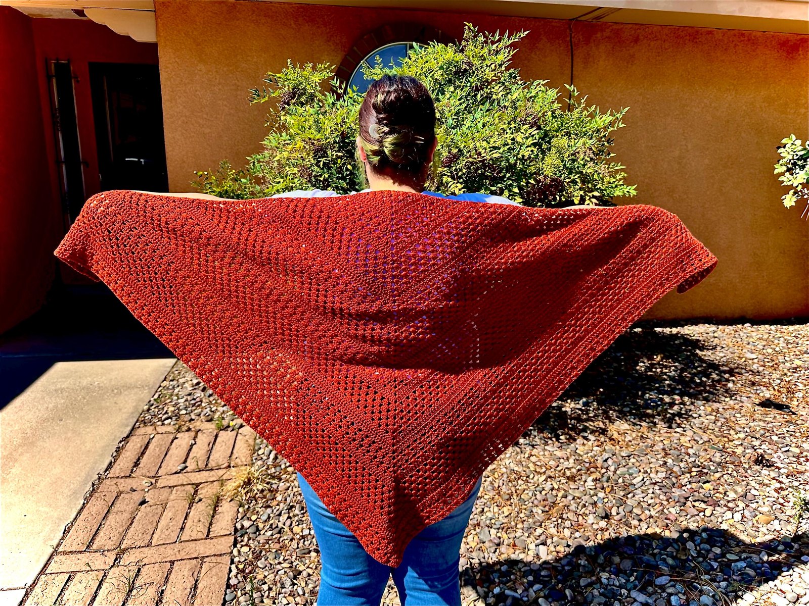 Burnt Orange Crochet Shawl, Superwash Merino Wool Blend, Openwork Triangle Wrap for Festivals
