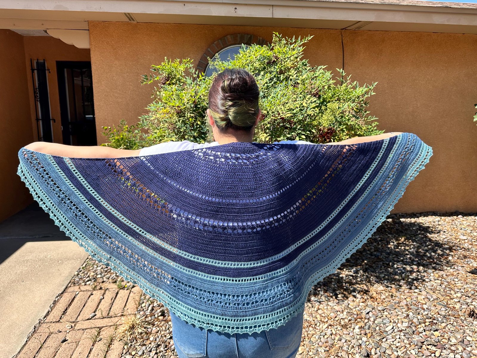 Crochet Summer Shawl, Blue Half Circle Layer with Open Stitch, Outdoor Event Wrap