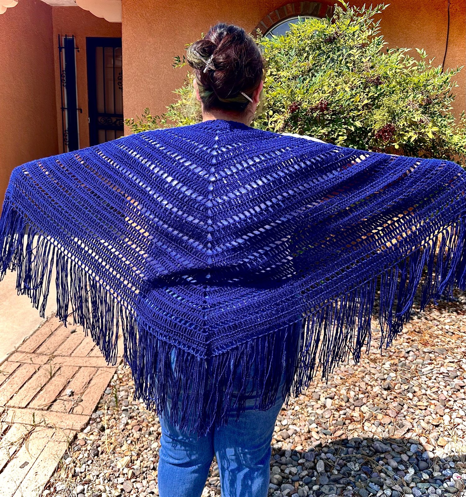 Summer Evening Wrap, Sapphire Crochet Shawl with Fringe, Boho Layering Accessory