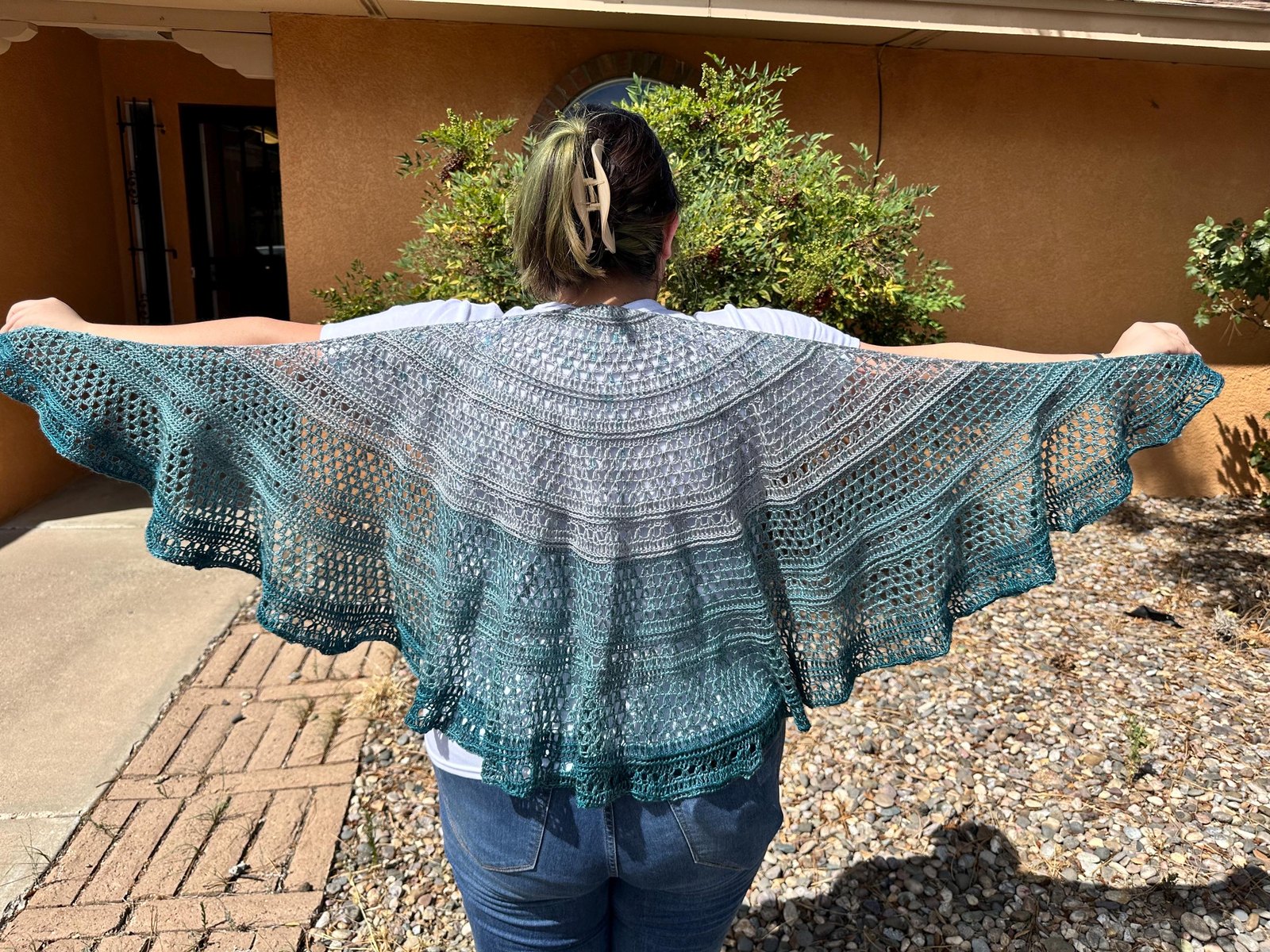Silk Crochet Shawl, Teal Gray Merino Wool And Mulberry Silk Blend Semi-Circle Wrap