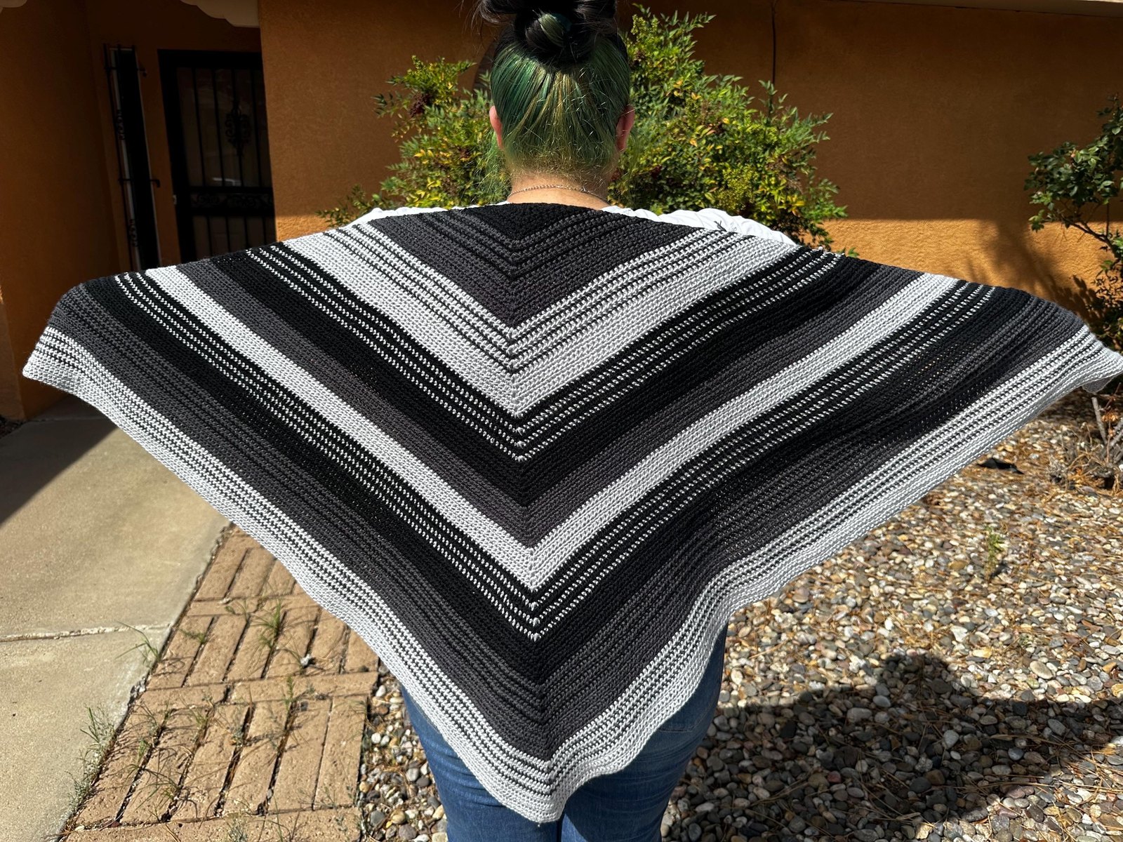 Triangle Shawl, Black Gray Crochet Wrap in 55% Superwash Wool