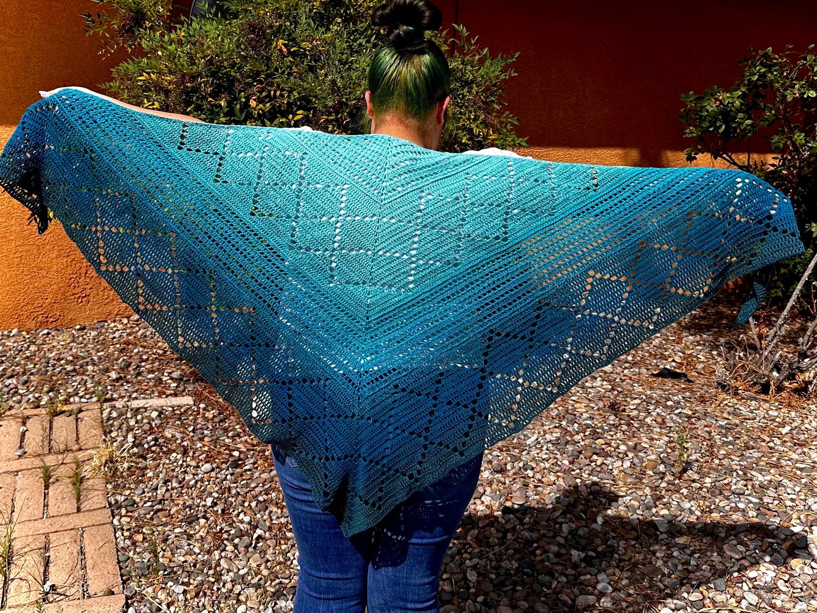 Triangle Shawl, Teal Blue 100% Cotton Crochet Wrap with Openwork Pattern