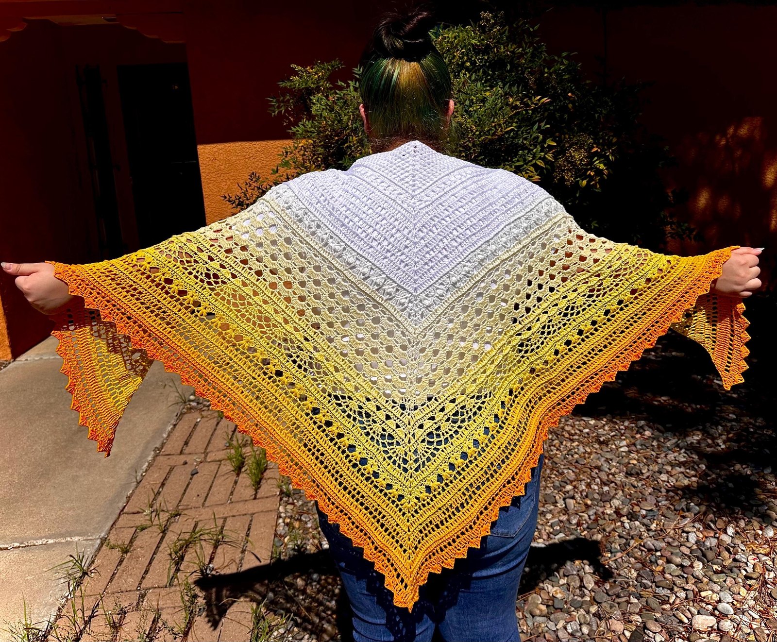 Triangle Shawl Wrap, 100% Cotton Openwork Crochet in Yellow and White
