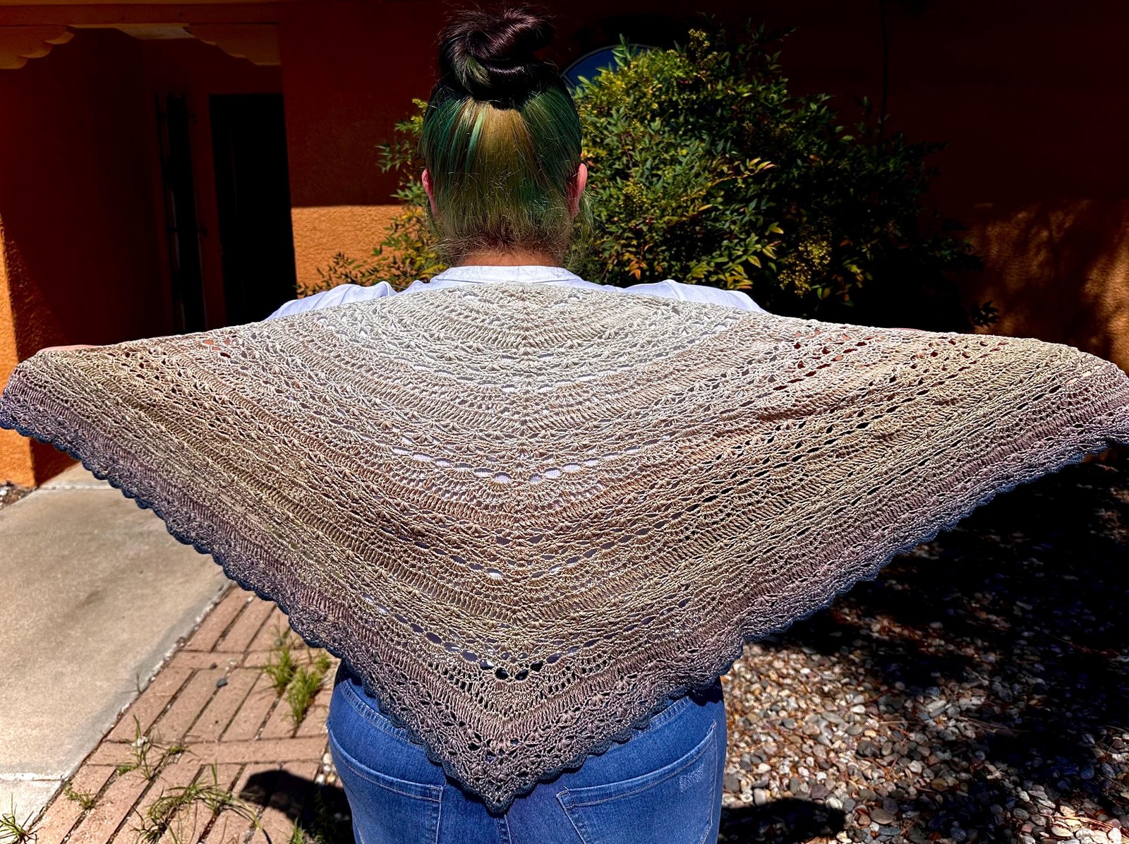 Crochet Lace Shawl, Beige and Blue Summer Evening Wrap, Open Stitch Shoulder Cover