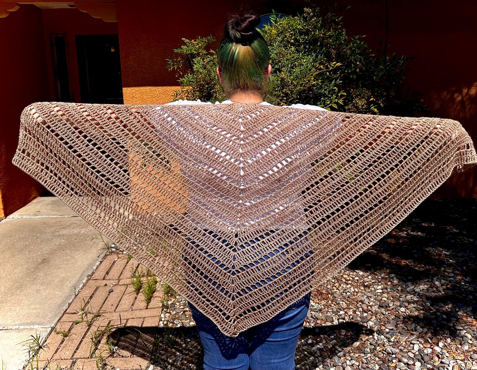 Crochet Shawl, Lightweight Summer Evening Wrap, Beige Open-Weave Triangle Design