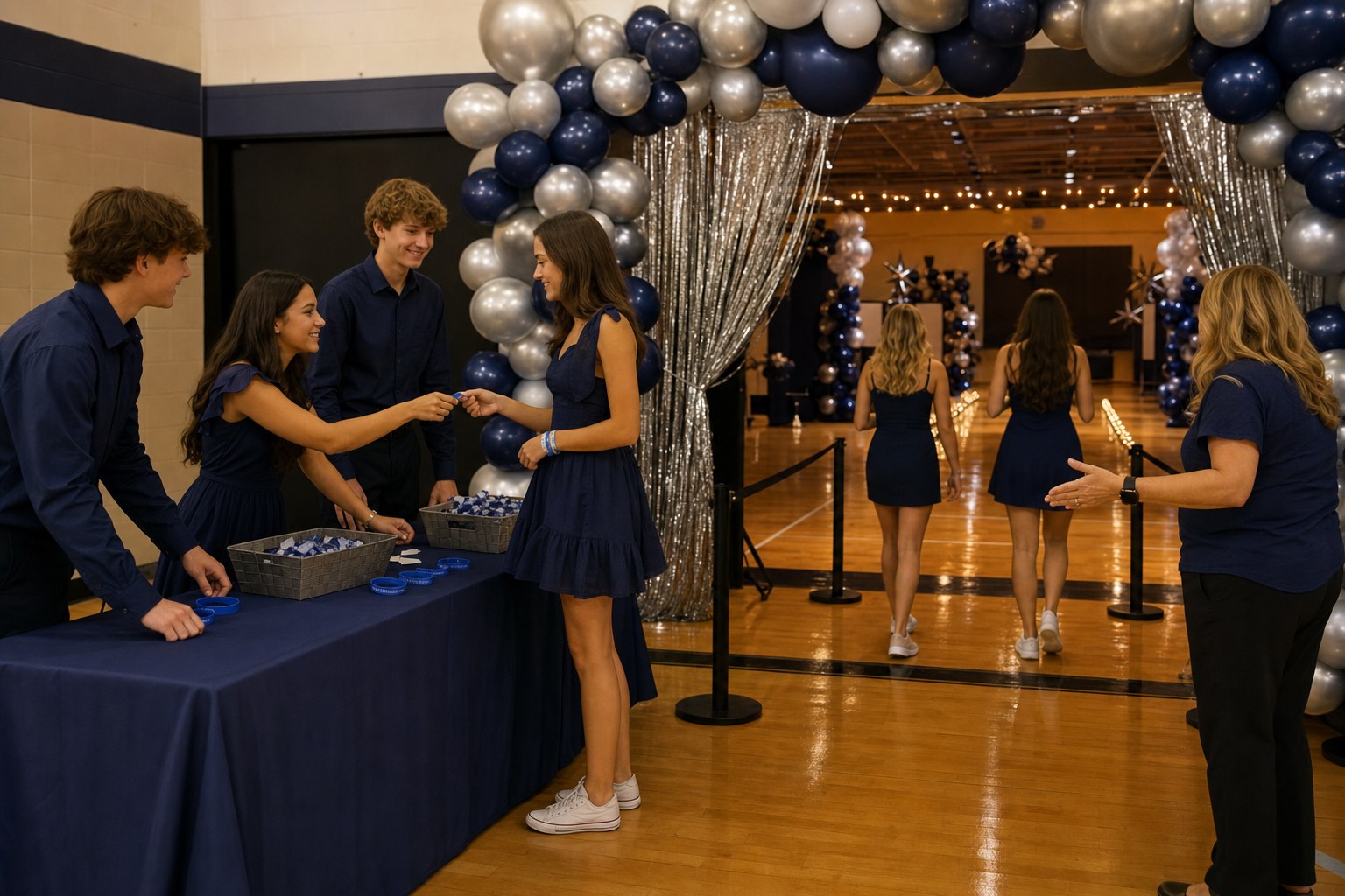 Student volunteers welcome a guest at a navy and silver homecoming entrance with clear walkways into the gym