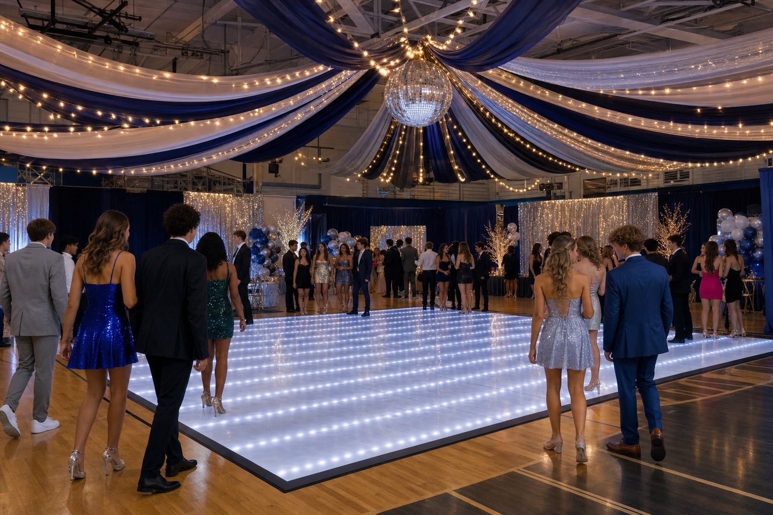 High school students arriving for a navy and silver homecoming dance with a white LED dance floor
