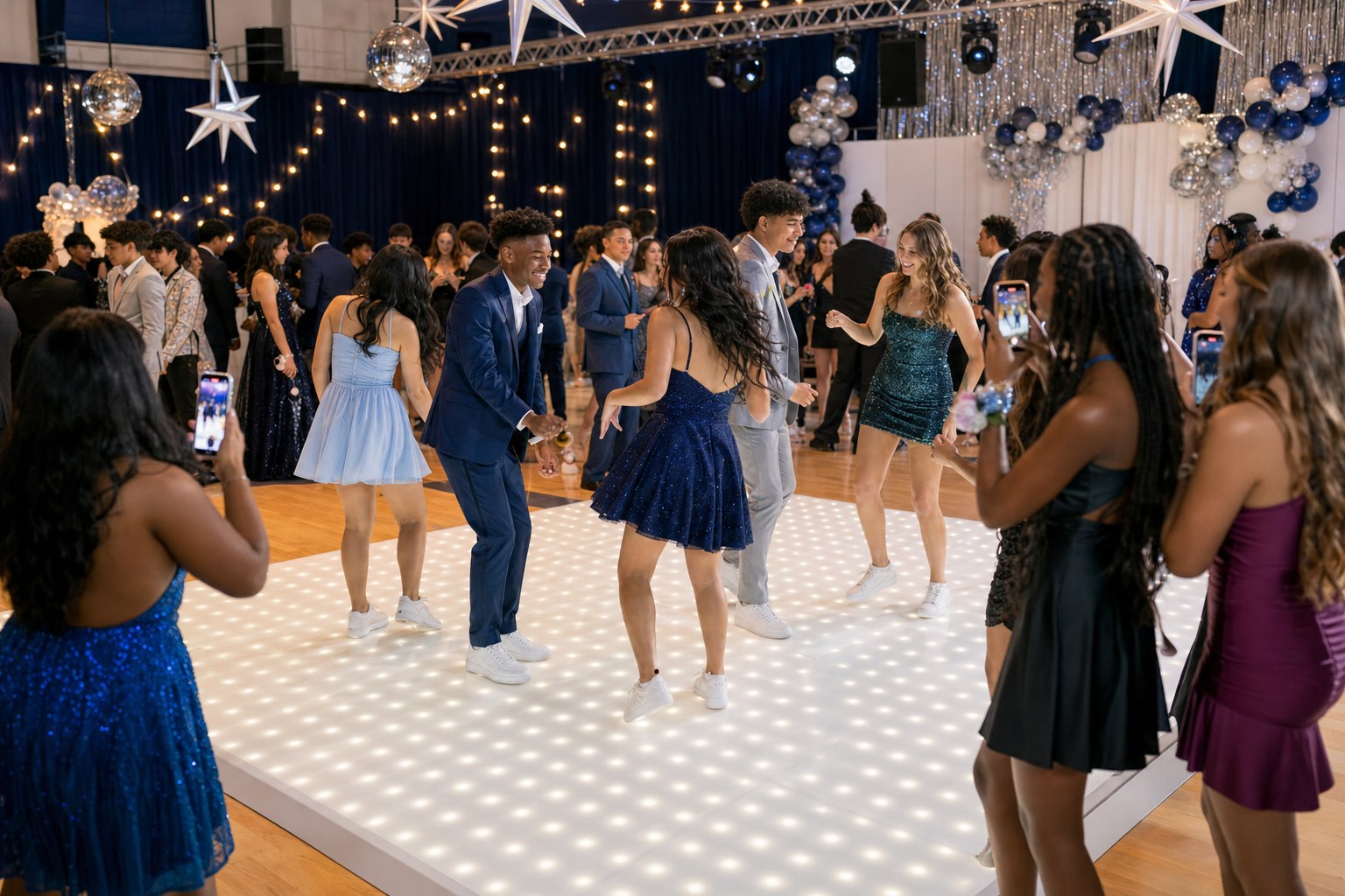 High school students enjoy a relaxed group dance on a bright white LED floor at homecoming