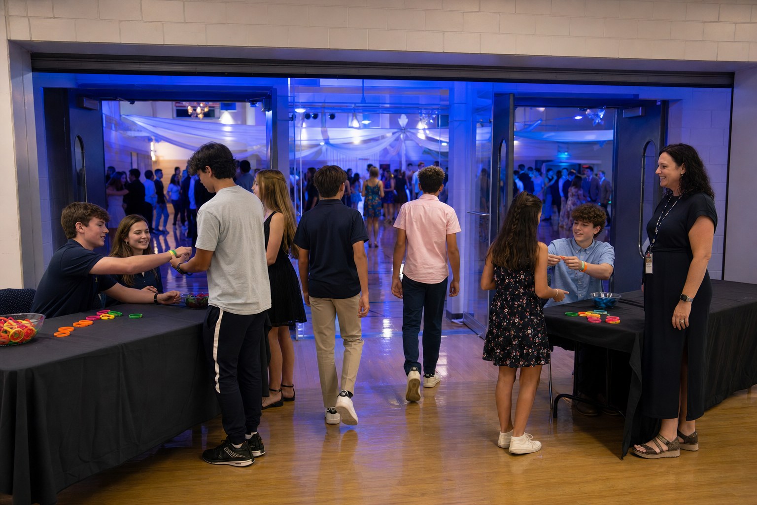 Students receiving wristbands at orderly check-in tables before entering a blue-lit middle school dance
