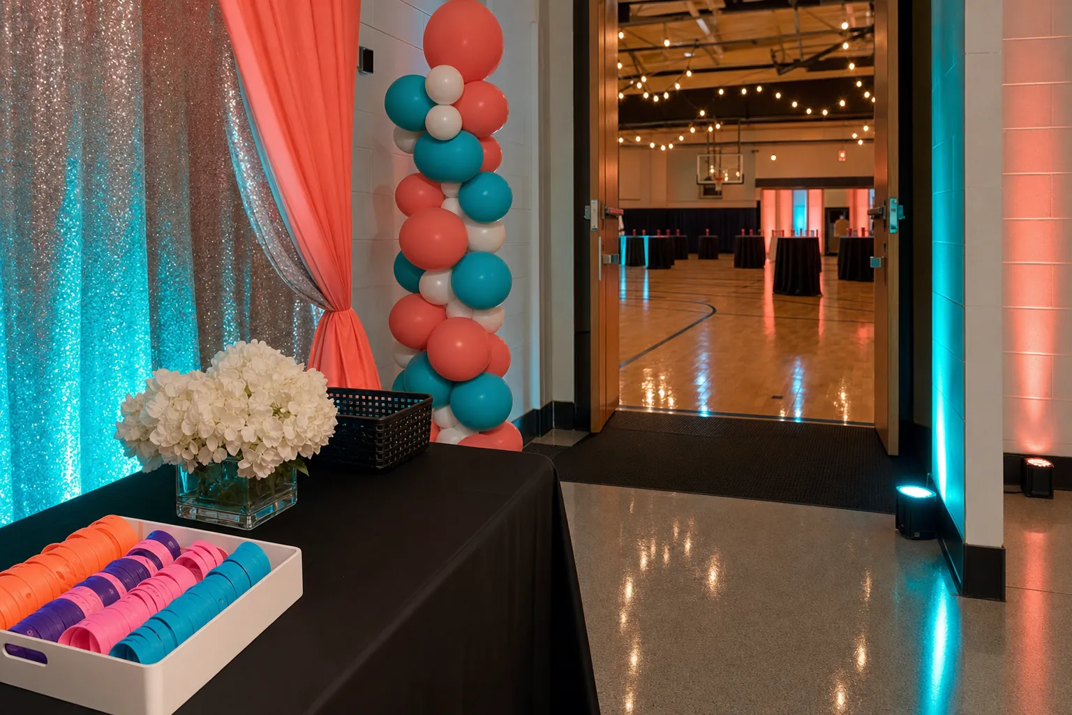 A school dance entry table with colorful wristbands, a balloon column, and an open path into a decorated gym