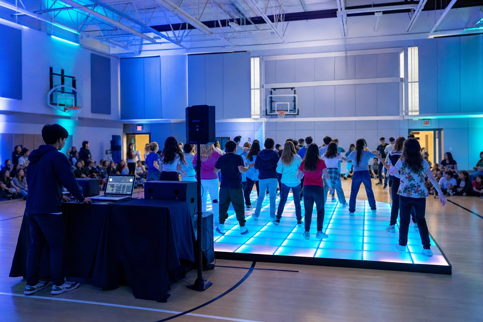 Students taking part in a low-pressure group dance on a blue LED floor in a school gym