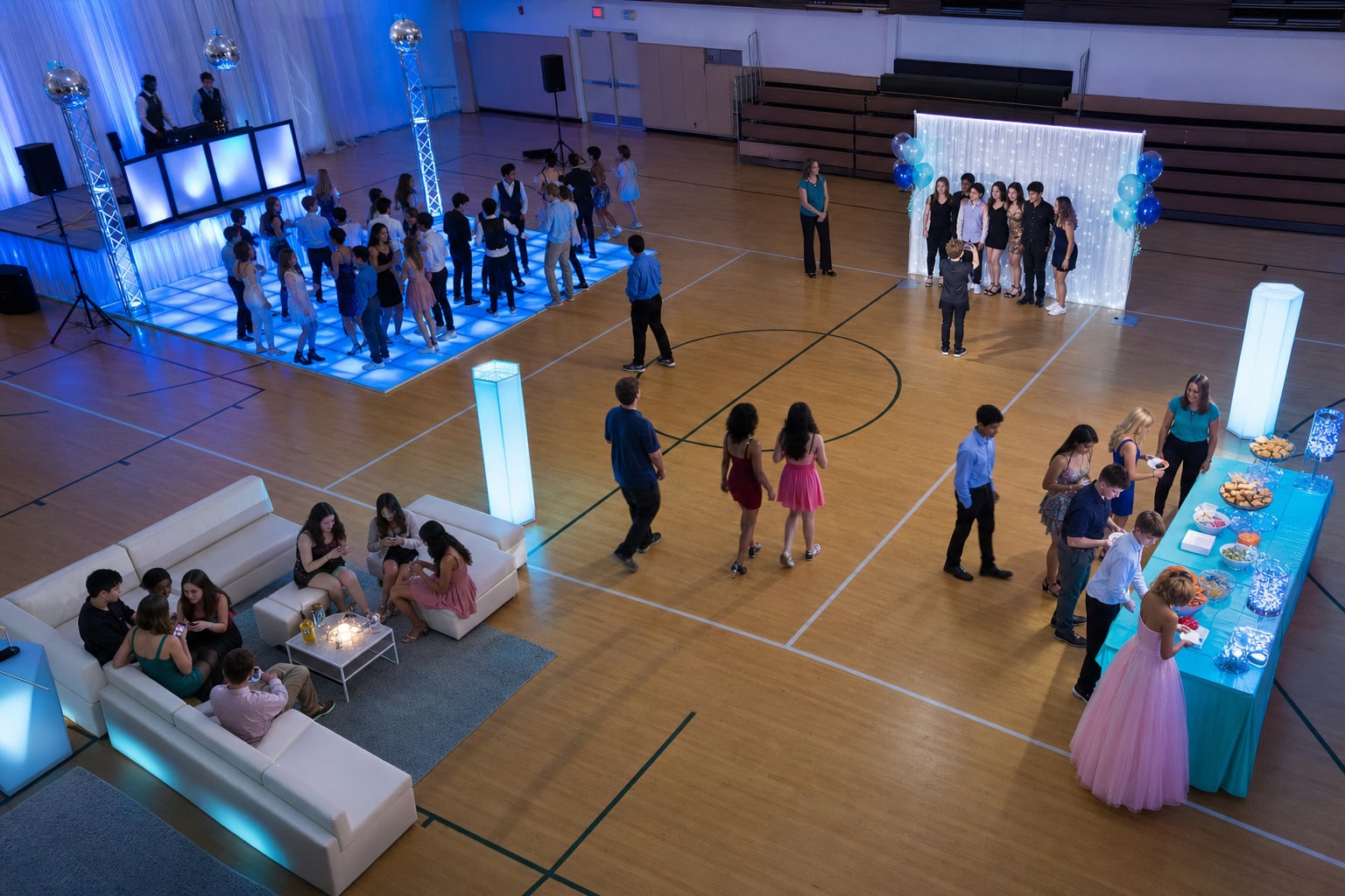 High-angle school gym layout with an LED dance floor, photo area, lounge seating, snacks, and clear walking paths