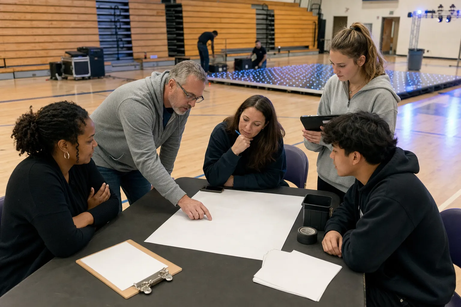 School event volunteers and students planning a dance in a gym beside an LED dance floor