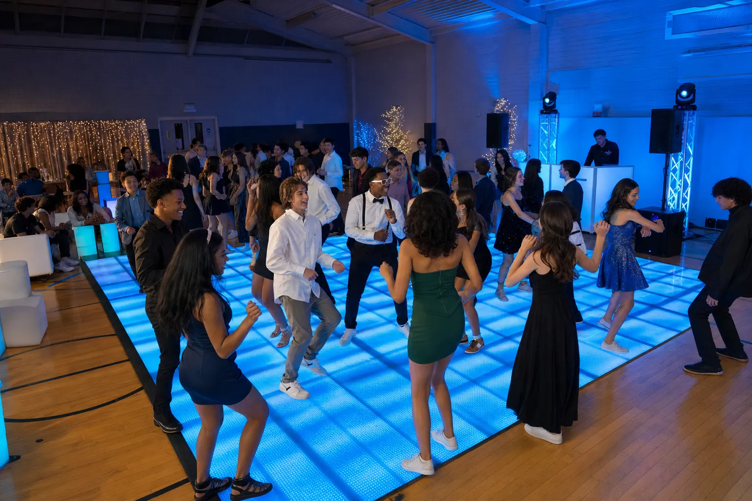 Students enjoying a school dance on a bright blue LED floor with a DJ and lounge seating nearby