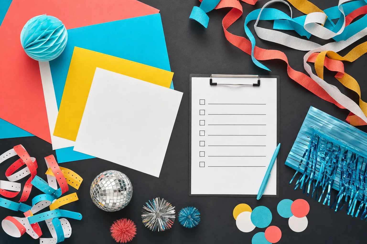 Colorful paper, streamers, wristbands, and a blank planning checklist arranged for a school dance