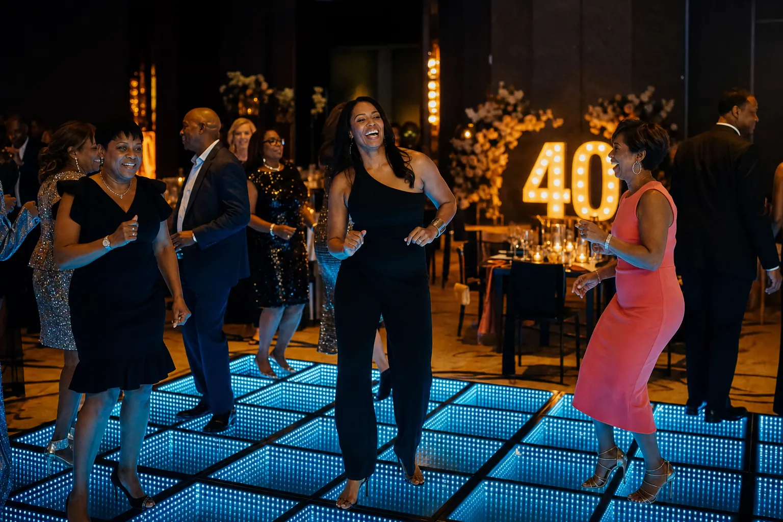 Guests at a 40th birthday celebration with a blue LED floor