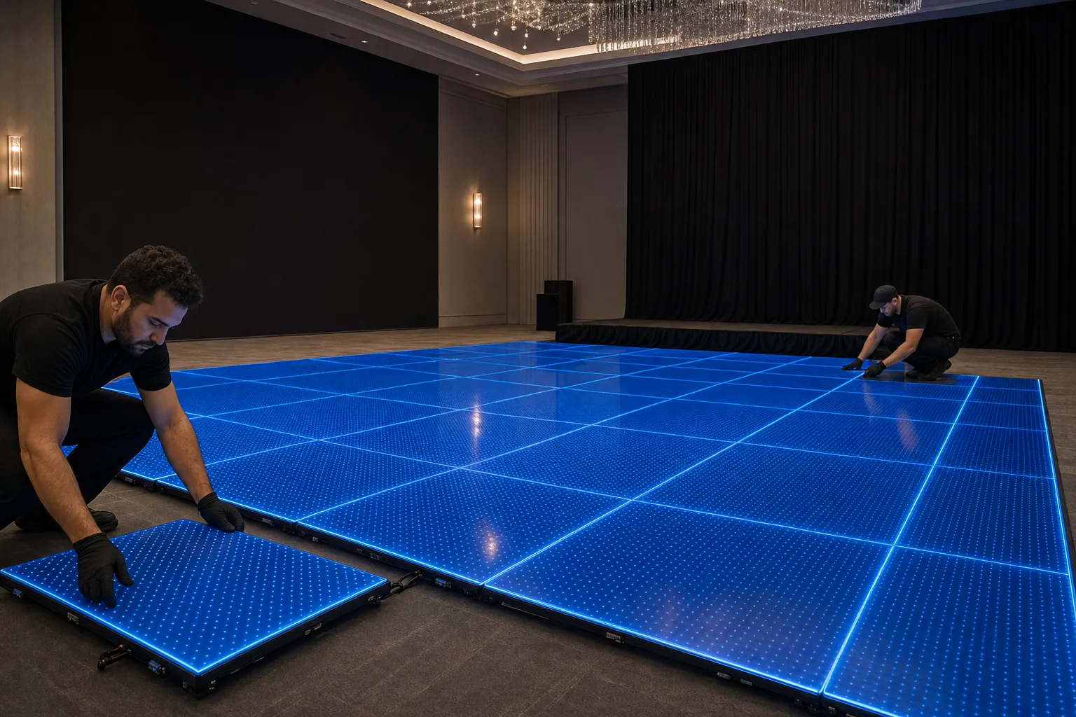 LED dance floor setup in a ballroom before an event