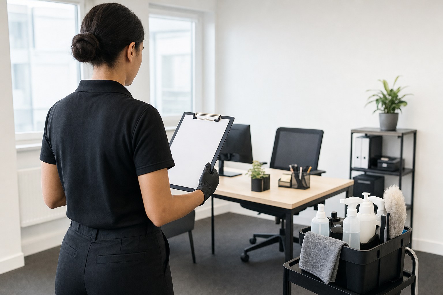 Cleaner reviewing an office cleaning checklist beside a desk and supply cart