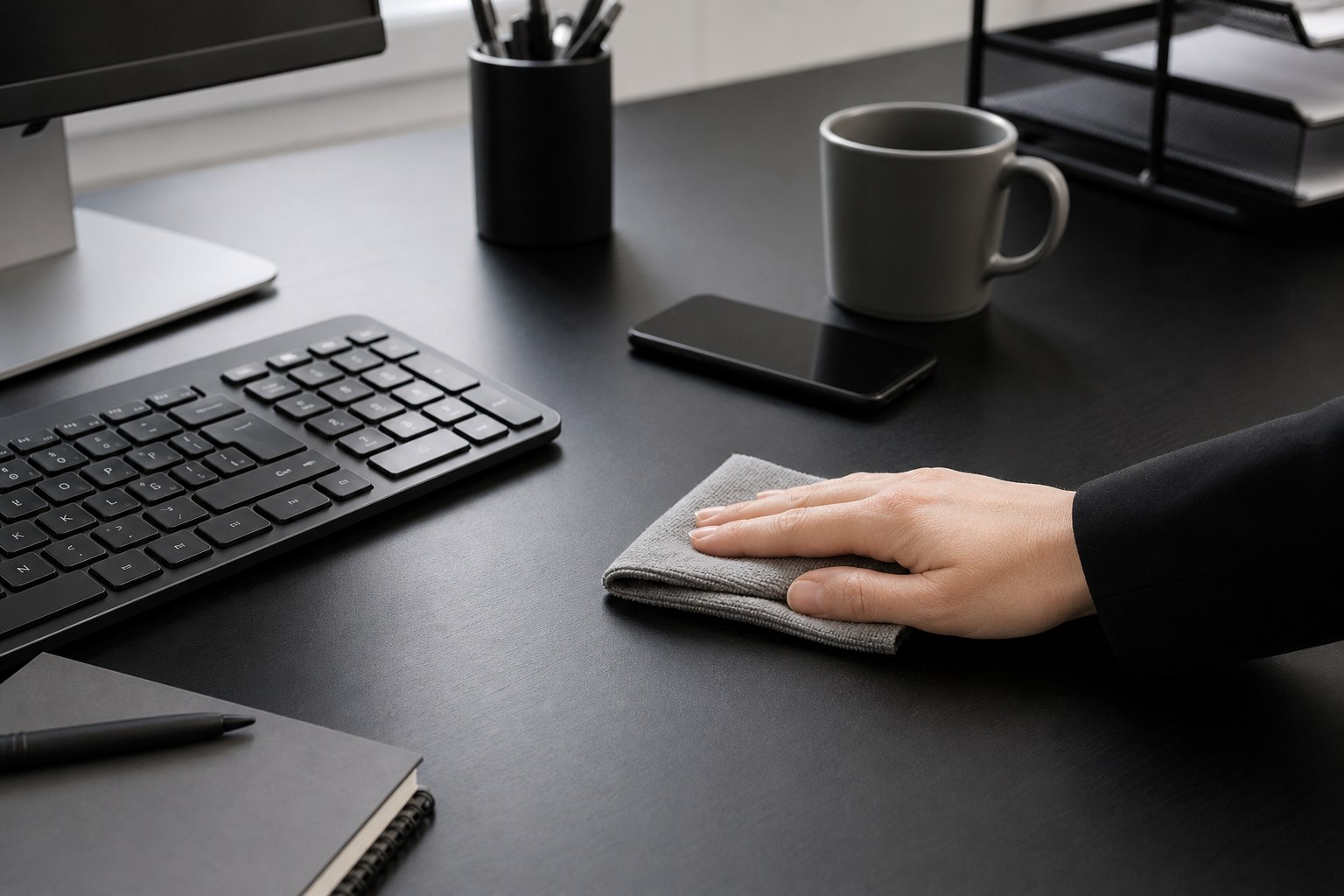 A workstation being wiped clean with a microfiber cloth