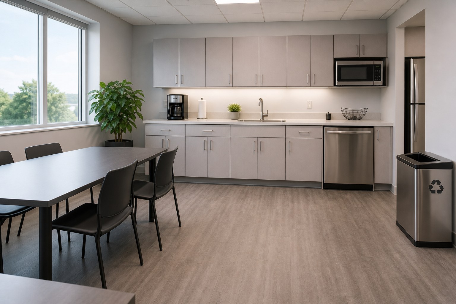 A tidy office breakroom with kitchen counter and shared table