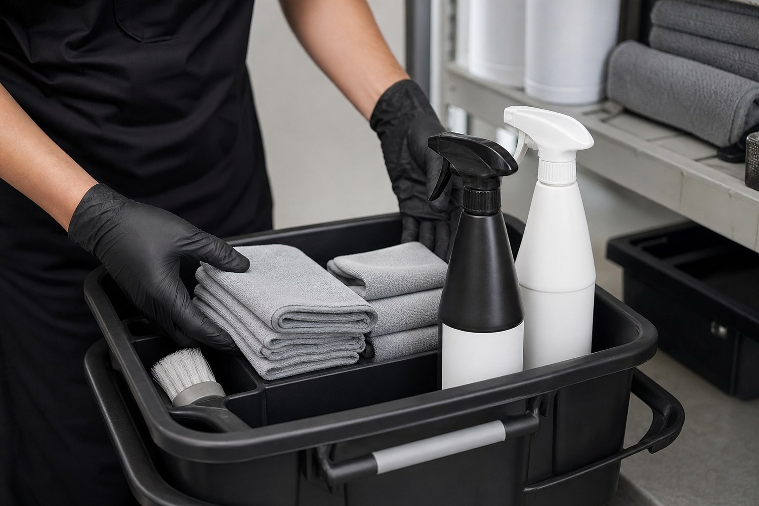 Cleaner arranging microfiber cloths and supplies in a caddy