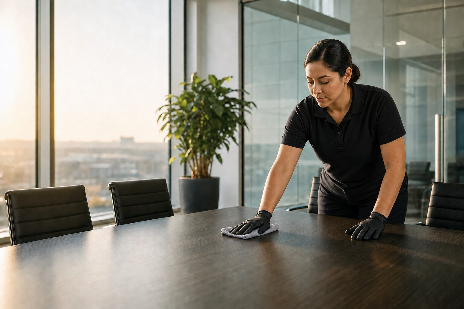 Commercial cleaner wiping a conference table in a modern office