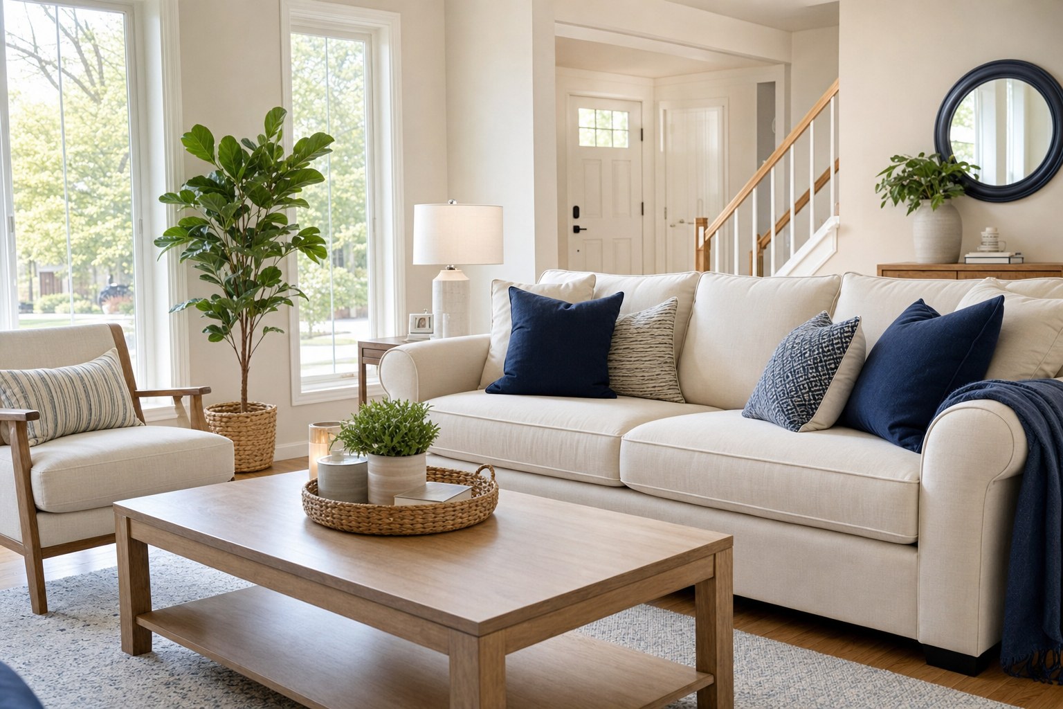 A bright, tidy residential living room