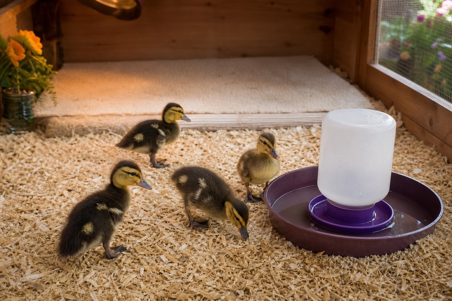 Ducklings beside a waterer in a contained tray with clean, dry bedding