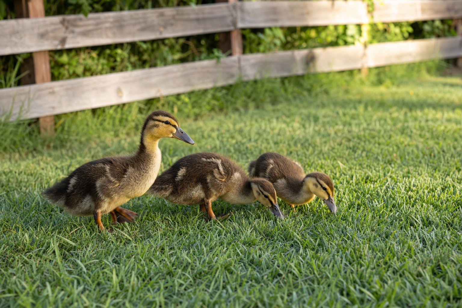 Young ducklings exploring green grass beside a fence