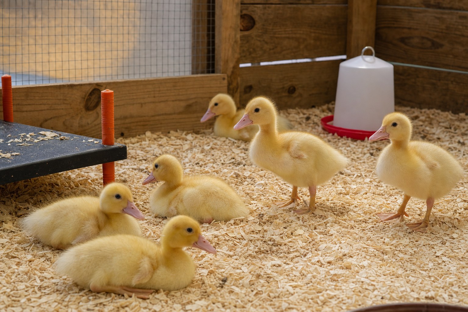 Ducklings in a clean, warm brooder with dry bedding