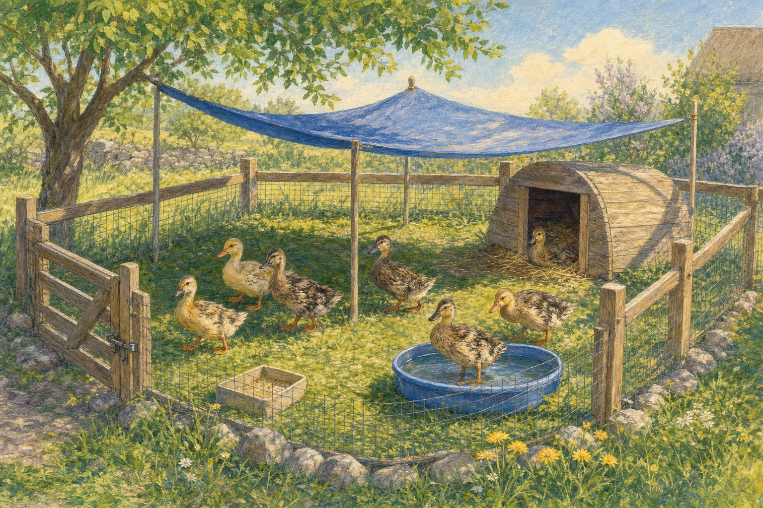Illustration of young ducks in a shaded, secure grassy enclosure with a dry shelter