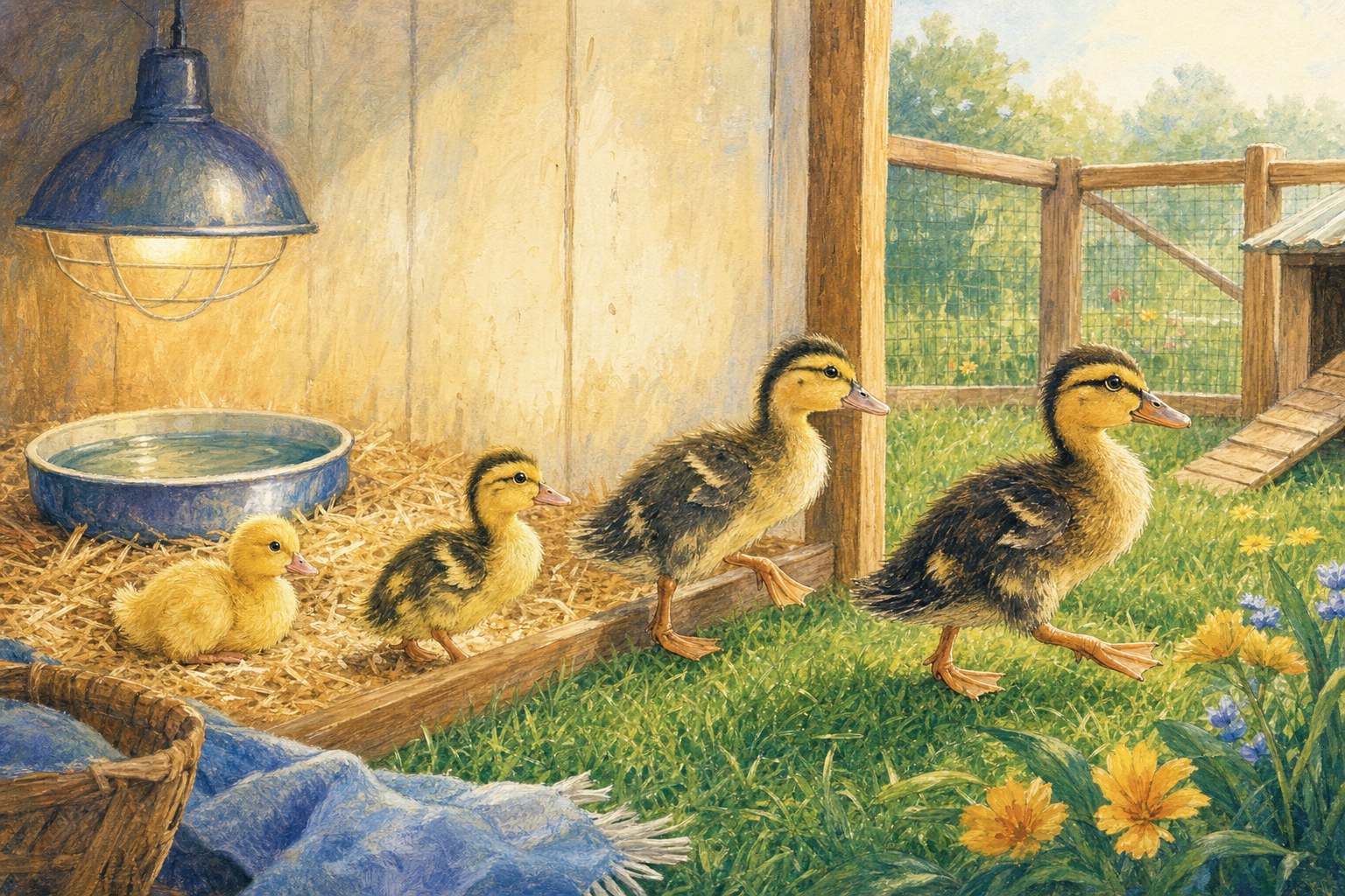 Illustration of ducklings growing from a warm brooder into a grassy enclosure