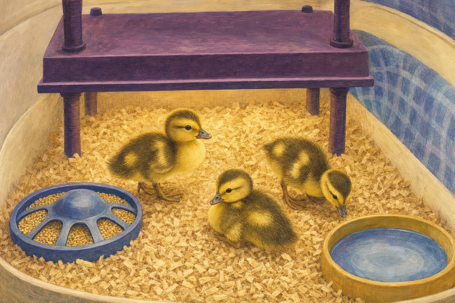 Illustration of ducklings in a dry brooder with a brooder plate, feed, and water