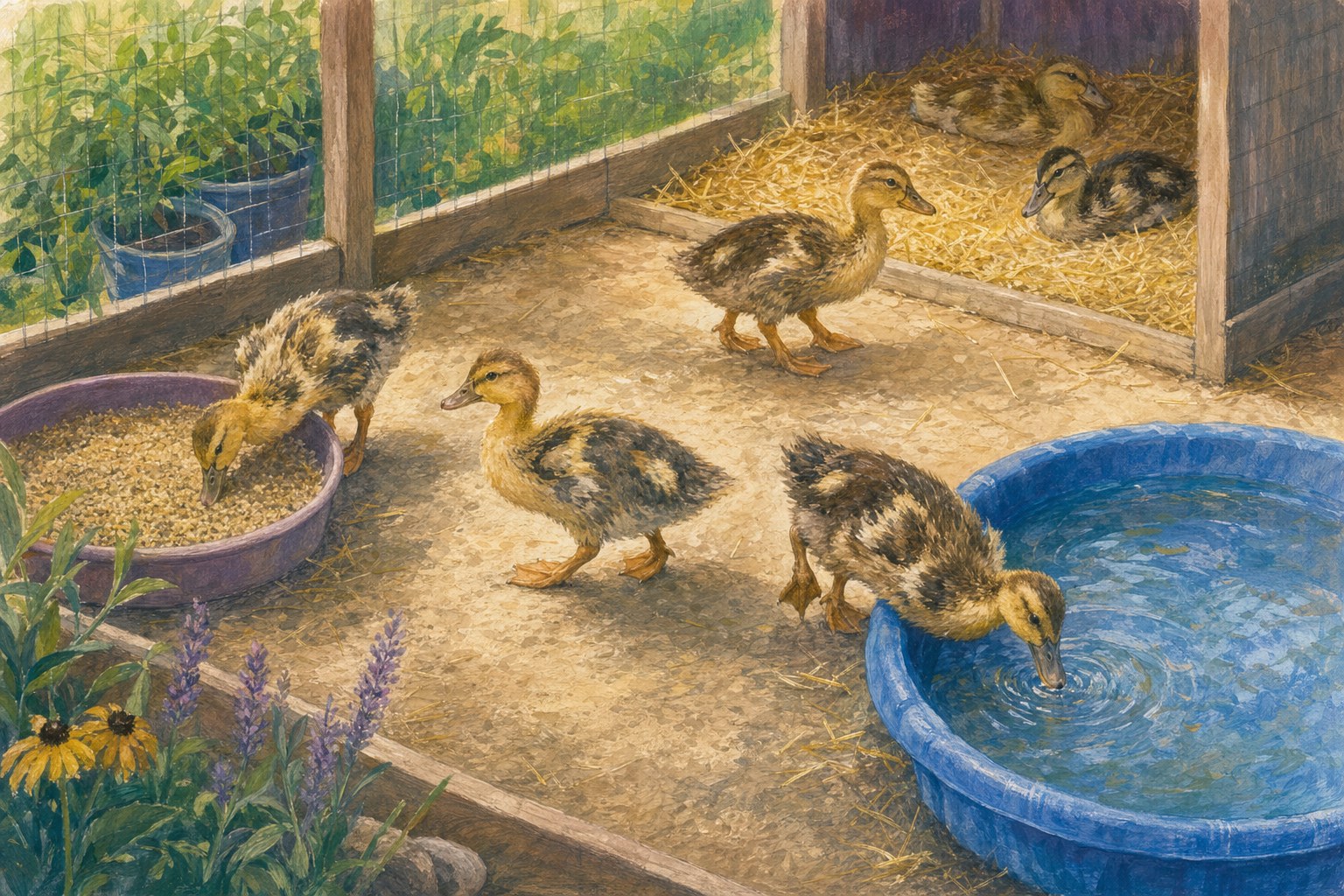 Illustration of larger ducklings in a roomy pen with separate feed, water, and dry resting areas
